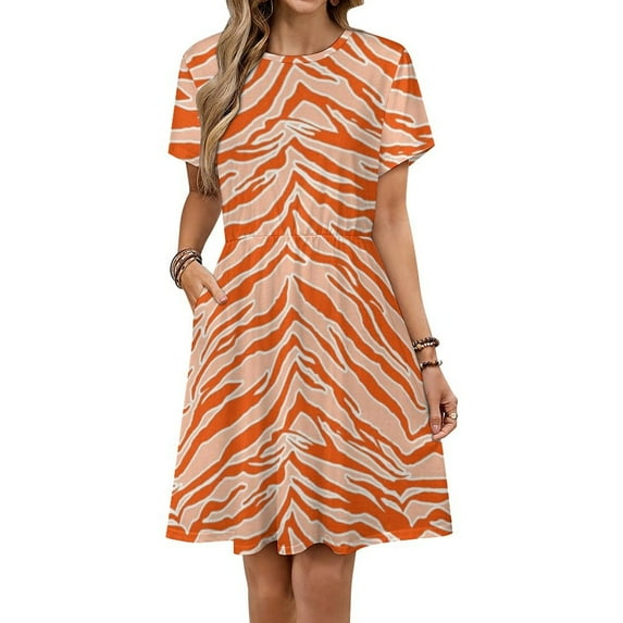 Tiger Print - Orange Sundress Short Sleeve Dress Summer Women Clothes Dress for Women Dresses