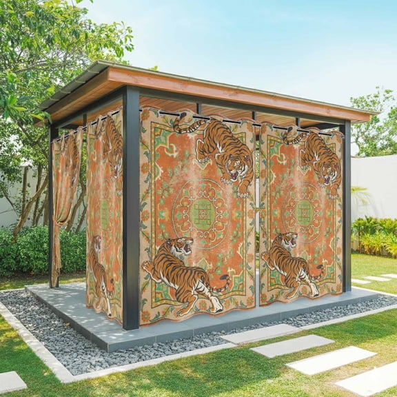 Tiger Print Outdoor Curtains for Patio, Boho Vintage Animal Orange Floral Geometric Waterproof Outside Curtains Privacy Blackout Curtain for Porch Pergola Cabana, 1 Panel 54W x 108L Inch