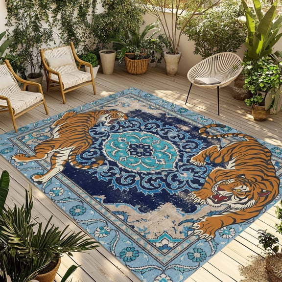 Tiger Print Outdoor Rug 3x5 ft Boho Vintage Animal Navy Blue Floral Geometric Non Slip Patio Rug Washable Absorbent Large Outdoor Carpet Outside Mat for Porch RV Garden Camping