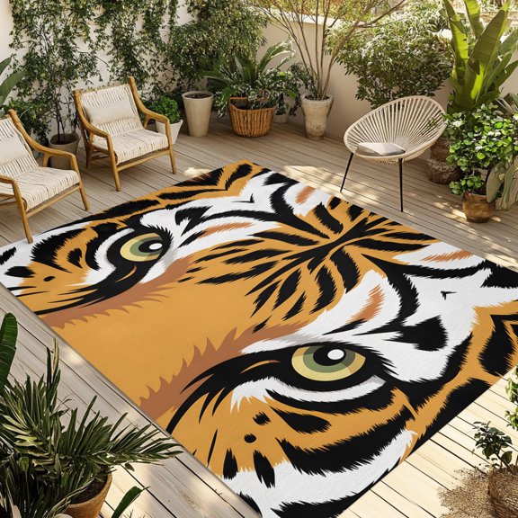 Tiger Print Outdoor Rug, Abstract Wild Animal Themed Tiger Eyes Wildlife Non-Slip Area Rugs Carpet Breathable Large Floor Mat for Outdoors Patio Porch Deck Beach 3’ x 5’