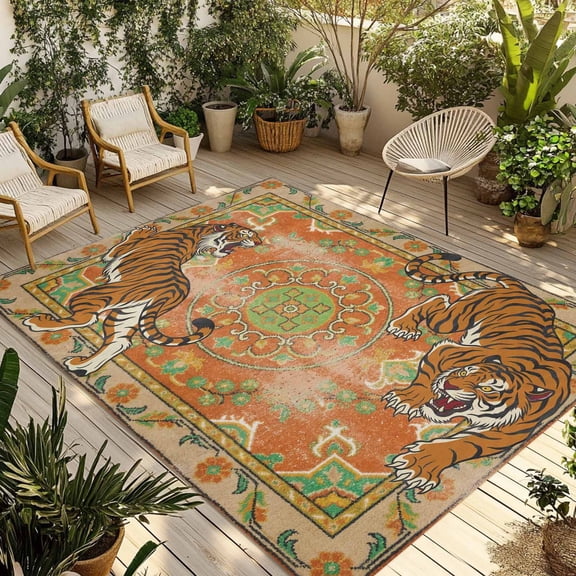 Tiger Print Outdoor Rug, Boho Vintage Animal Orange Floral Geometric Non-Slip Area Rugs Carpet Breathable Large Floor Mat for Outdoors Patio Porch Deck Beach 3’ x 5’