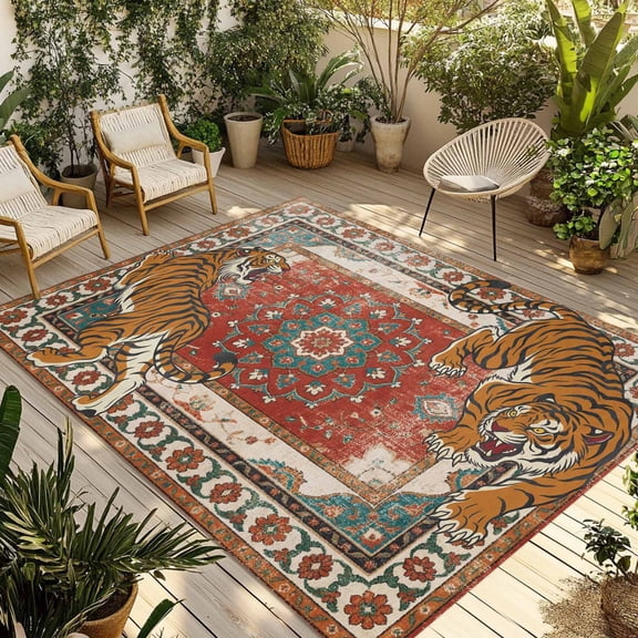 Tiger Print Outdoor Rug, Boho Vintage Animal Orange Red Floral Geometric Non-Slip Area Rugs Carpet Breathable Large Floor Mat for Outdoors Patio Porch Deck Beach 3’ x 5’