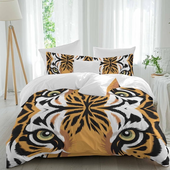 Tiger Print Queen Size Comforter Set, Abstract Wild Animal Themed Tiger Eyes Wildlife Bedding for All Seasons, 4 Pcs Bed Set, 1Quiltcover (90"x92") ,1Sheet(94"x116"), 2Pillowcases (30"x20")