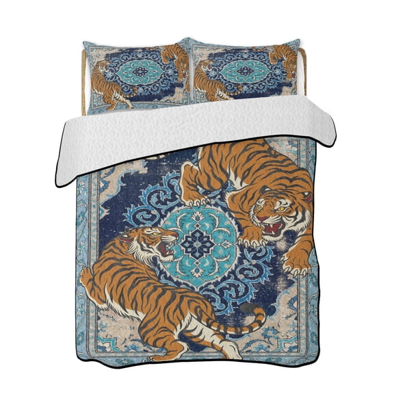 Tiger Print Quilts Bedding Set Full Size Boho Vintage Animal Navy Blue Floral Geometric Lightweight Quilted Bedspread 3 Piece Bed Quilt with 2 Pillow Shams All Season for Bedroom 68" x 98"