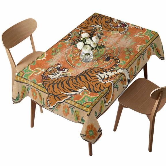 Tiger Print Rectangle Tablecloth Boho Vintage Animal Orange Floral Geometric Waterproof Wrinkle Free Soft Table Cloth Spill-Proof Washable Table Cover for Dining Party Picnic 60 x 102 Inch