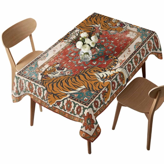 Tiger Print Rectangle Tablecloth Boho Vintage Animal Orange Red Floral Geometric Waterproof Wrinkle Free Soft Table Cloth Spill-Proof Washable Table Cover for Dining Party Picnic 52 x 70 Inch