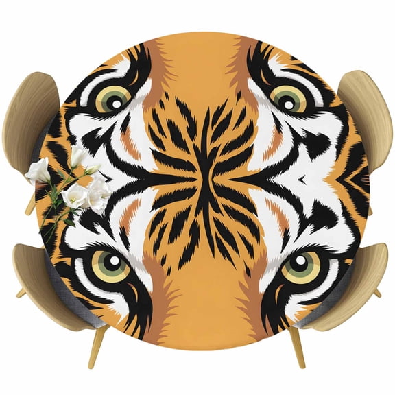 Tiger Print Round Fitted Tablecloth with Elastic Edge, Abstract Wild Animal Themed Tiger Eyes Wildlife Stretch Table Covers for 55"-60" Tables Wipeable Table Cloth for Outdoor