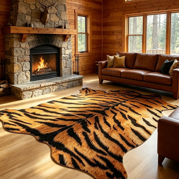 Tiger Print Rug 6.2x7.1 Feet, Machine Washable Faux Rug, Non-Slip Animal Print Hide Tiger Skin Area Rug for Bedroom Living Room Home Decor
