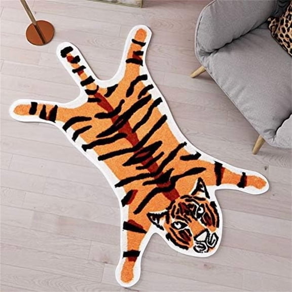 Tiger Print Rug Animal Printed Small Area Rugs Faux Cowhide Skin Leather Nonslip Personalized Bath Carpet Cartoon Rug Bedroom Office Living Room Floor Mat 2.6x1.8Ft/32.2inx21.4in