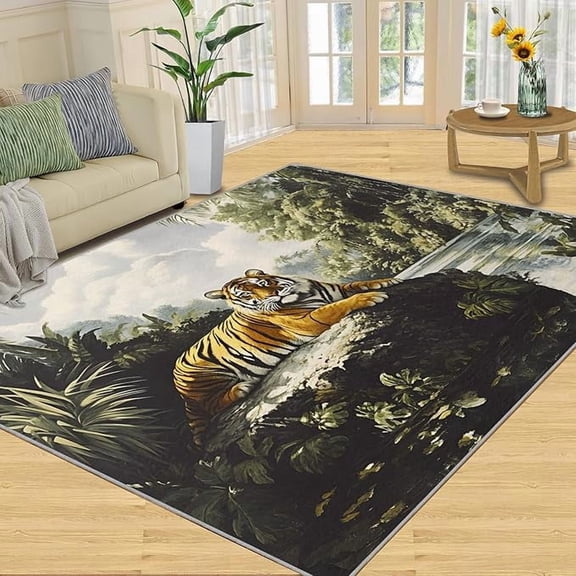 Tiger Print Rugs for Bedroom, Rainforest Tiger Area Rug, Wild Animal Rugs for Living Room, Indoor Non-Slip Rug, Machine Washable Carpet for Front Entrance Floor Decor 4 x 5ft