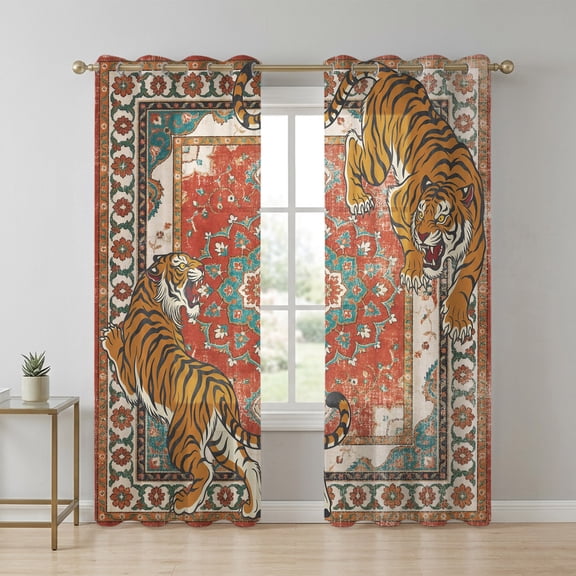 Tiger Print Sheer Curtains 63 Inch Long 2 Panels, Boho Vintage Animal Orange Red Floral Geometric Light Filtering Semi Sheer Drapes Grommet Voile Window Curtain for Living Bedroom W52 x L63