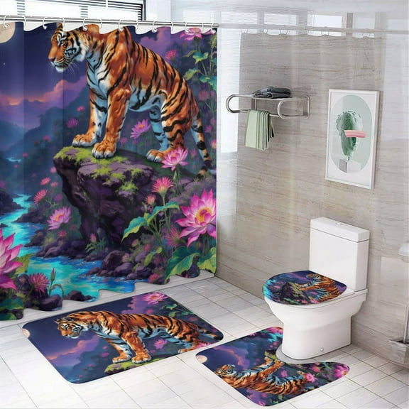 Tiger Print Shower Curtain Set 4-Set Jungle Animal Theme Bathroom Decor Set Includes Floor Mat ,Toilet Cover Mat ,U-Mat ,Shower Curtain with 12 Hooks,72inx72in