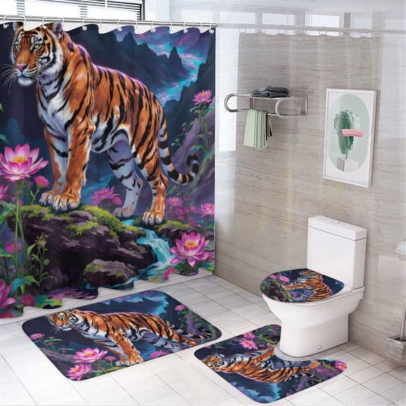 Tiger Print Shower Curtain Set 4-Set Jungle Animal Theme Bathroom Decor Set Includes Floor Mat ,Toilet Cover Mat ,U-Mat ,Shower Curtain with 12 Hooks,72inx72in
