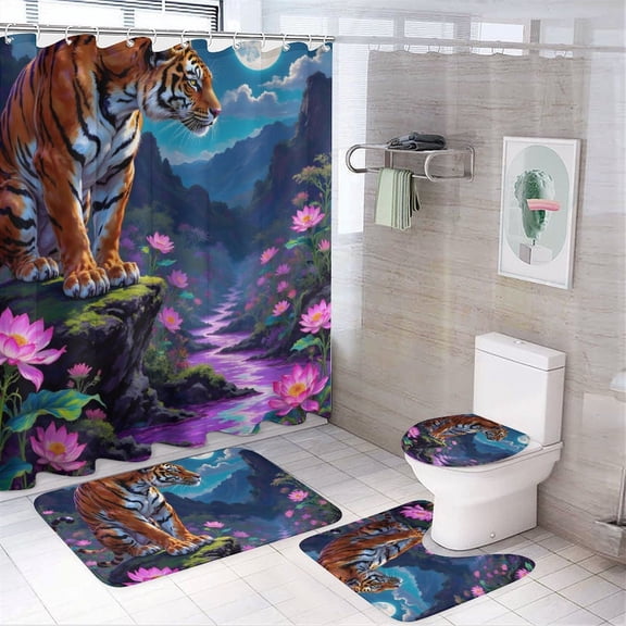 Tiger Print Shower Curtain Set 4-Set Jungle Animal Theme Bathroom Decor Set Includes Floor Mat ,Toilet Cover Mat ,U-Mat ,Shower Curtain with 12 Hooks,72inx72in