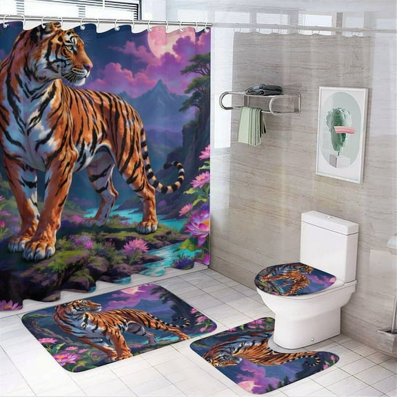 Tiger Print Shower Curtain Set 4-Set Jungle Animal Theme Bathroom Decor Set Includes Floor Mat ,Toilet Cover Mat ,U-Mat ,Shower Curtain with 12 Hooks,72inx72in