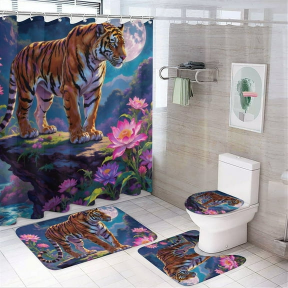 Tiger Print Shower Curtain Set 4-Set Jungle Animal Theme Bathroom Decor Set Includes Floor Mat ,Toilet Cover Mat ,U-Mat ,Shower Curtain with 12 Hooks,72inx72in