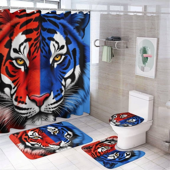 Tiger Print Shower Curtain Set 4-Set Jungle Animal Theme Bathroom Decor Set Includes Floor Mat ,Toilet Cover Mat ,U-Mat ,Shower Curtain with 12 Hooks,72inx72in