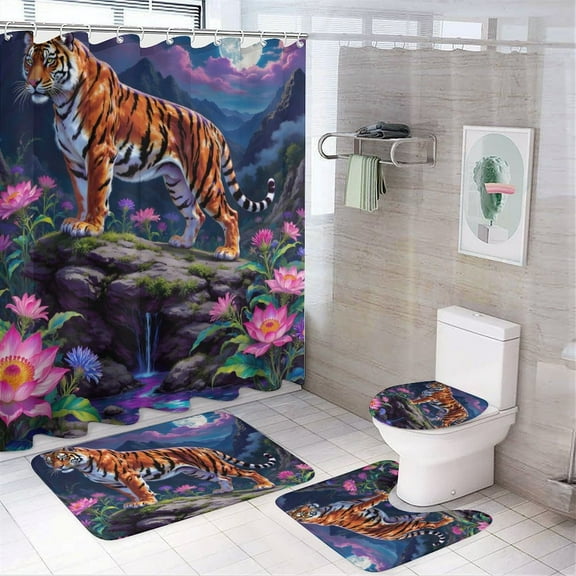 Tiger Print Shower Curtain Set 4-Set Jungle Animal Theme Bathroom Decor Set Includes Floor Mat ,Toilet Cover Mat ,U-Mat ,Shower Curtain with 12 Hooks,72inx72in