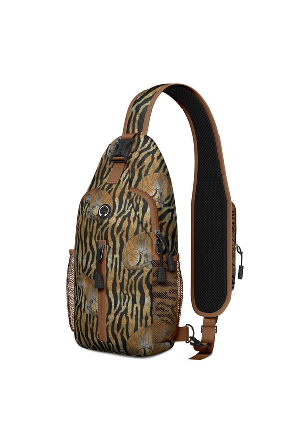 Tiger Print Sling Backpack, Lightweight Crossbody Daypack with Roaring Bengal Face Art, Tribal Jungle Stripes Design, Anti-theft Travel Bag for Wild Lover, Students, City Walk, Gym Use