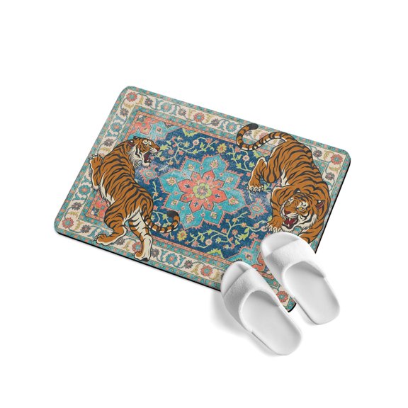 Tiger Print Soft Diatomaceous Earth Mat, Boho Vintage Animal Teal Blue Floral Geometric Absorbent Bath Mat Non Slip Rubber Backed Quick Dry Doormat Fit Under Door for Bathroom Kitchen 24"x36"