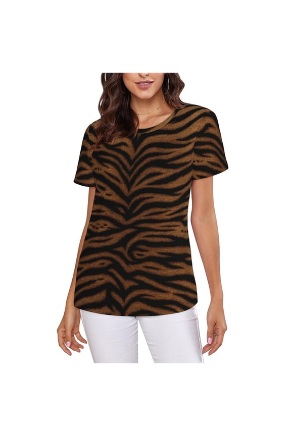 Tiger Print T-Shirt Crew Neck Short Sleeve Full-Print for Women