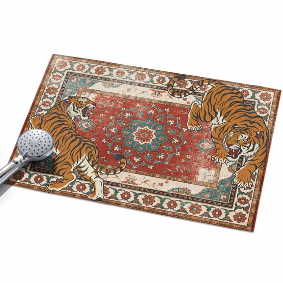 Tiger Print Washable Area Rug 2 x 3 ft Boho Vintage Animal Orange Red Floral Geometric, Soft Non Slip Rugs Stain Repellent Indoor Felt Carpet for Living Dining Room Bedroom Home Office