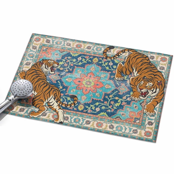 Tiger Print Washable Area Rug 2 x 3 ft Boho Vintage Animal Teal Blue Floral Geometric, Soft Non Slip Rugs Stain Repellent Indoor Felt Carpet for Living Dining Room Bedroom Home Office