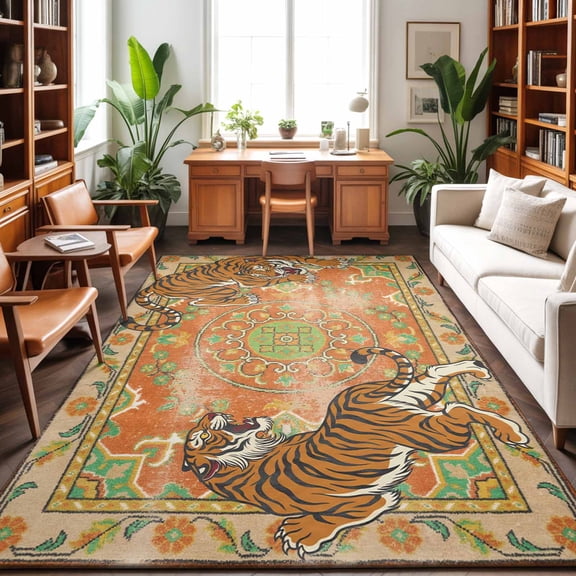 Tiger Print Washable Area Rug 9 x 12 ft Boho Vintage Animal Orange Floral Geometric, Soft Non Slip Rugs Stain Repellent Indoor Felt Carpet for Living Dining Room Bedroom Home Office