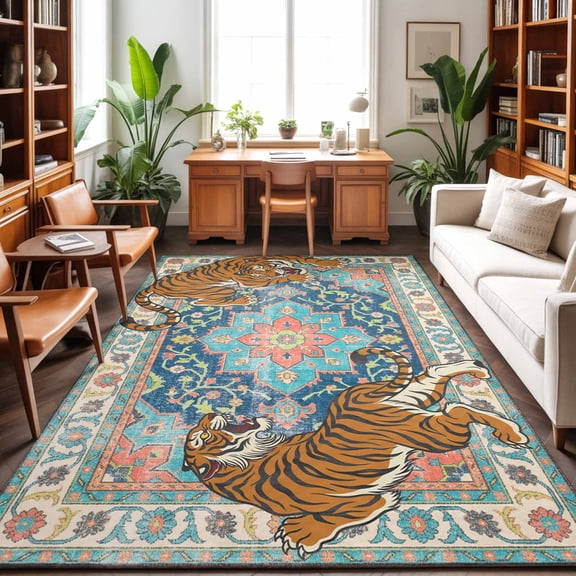 Tiger Print Washable Area Rug 9 x 12 ft Boho Vintage Animal Teal Blue Floral Geometric, Soft Non Slip Rugs Stain Repellent Indoor Felt Carpet for Living Dining Room Bedroom Home Office
