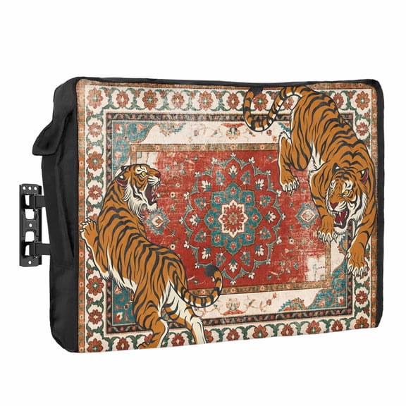 Tiger Print Waterproof Outdoor TV Cover, Boho Vintage Animal Orange Red Floral Geometric Outside Weatherproof TV Enclosures for 30 to 32 Inch LCD Television Shield Flat Screen Protectors