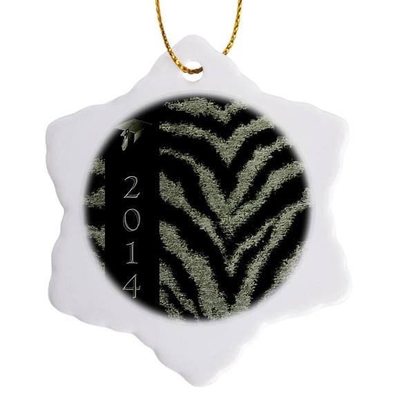 3drose, Tiger Print with Graduation Cap, 2014, Green and Black, 3 inch Snowflake Porcelain Ornament