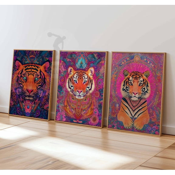 Tiger Psychedelic Wall Art Trippy Animal Prints Vibrant Jungle Bold Artwork Set 3 Unframed Paper Print 8x12
