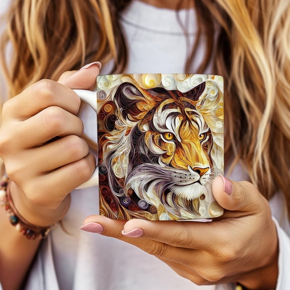 Tiger, Quilled-look Ceramic Mug, Orange and Brown Jungle Animal Tea Cup, Wildlife Lover Gift, Coffee Mug for Safari Enthusiast, Nature Decor