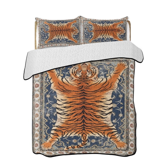 Tiger Quilts Bedding Set Full Size Bohemian Modern Animal Print Blue Red Floral Texture Lightweight Quilted Bedspread 3 Piece Bed Quilt with 2 Pillow Shams All Season for Bedroom 68" x 98"