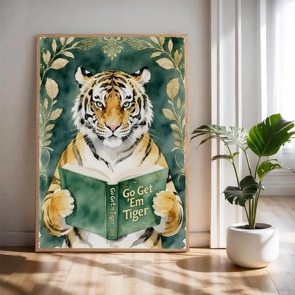 Tiger Reading Art Quirky Motivational Poster Home Decor, 8x12 UNFRAMED