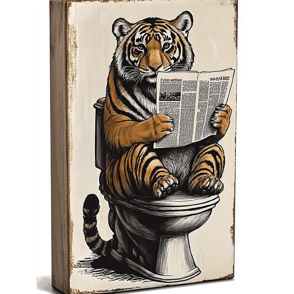 Tiger Reading Newspaper on Toilet Decor Art/Canvas Print Suitable for Bathroom Living Room Bedroom Office Restroom Study Room Hotel Apartment Cafe Bar Decoration.