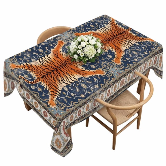 Tiger Rectangle Tablecloth Bohemian Modern Animal Print Blue Red Floral Texture Waterproof Wrinkle Free Soft Table Cloth Spill-Proof Washable Table Cover for Dining Party Picnic 54 x 108 Inch