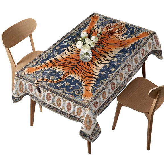 Tiger Rectangle Tablecloth Bohemian Modern Animal Print Blue Red Floral Texture Waterproof Wrinkle Free Soft Table Cloth Spill-Proof Washable Table Cover for Dining Party Picnic 60 x 84 Inch