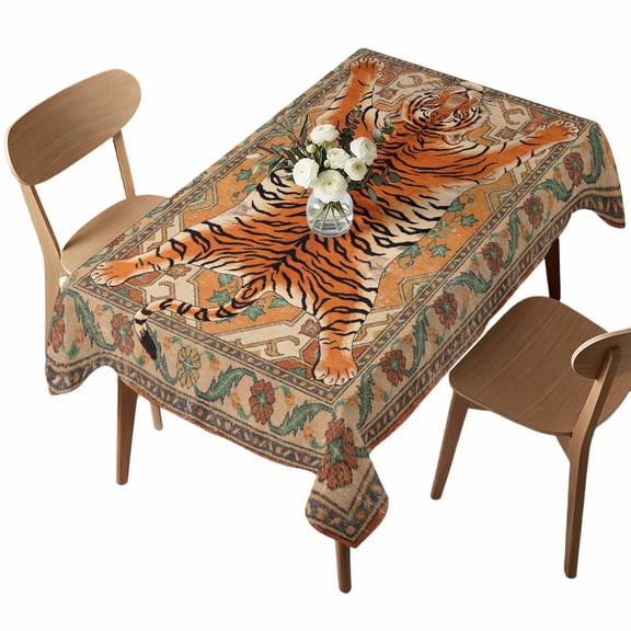 Tiger Rectangle Tablecloth Bohemian Modern Animal Print Orange Floral Texture Waterproof Wrinkle Free Soft Table Cloth Spill-Proof Washable Table Cover for Dining Party Picnic 52 x 70 Inch