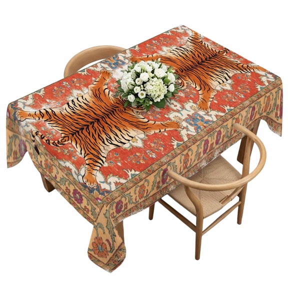 Tiger Rectangle Tablecloth Bohemian Modern Animal Print Red Orange Floral Texture Waterproof Wrinkle Free Soft Table Cloth Spill-Proof Washable Table Cover for Dining Party Picnic 54 x 108 Inch