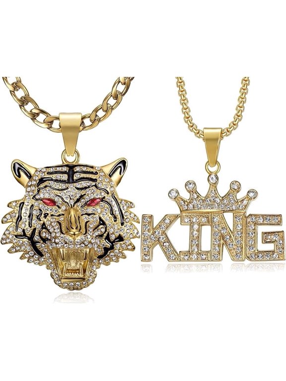 Tiger with Red Eyes King Crown Pendants Stainless Steel Hip Hop Necklace, 2pcs 24'' 20'' 7mm 3mm Layered Chain Punk Rock Couples Animal Jewelry Gift for Men and Women