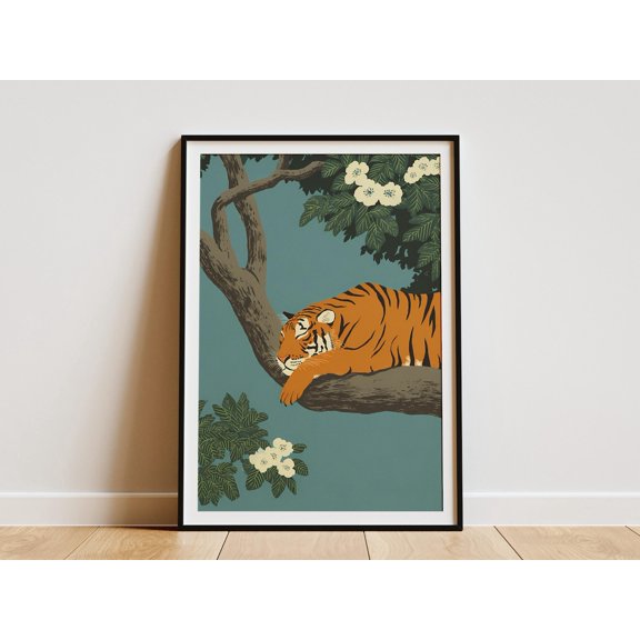 Tiger Resting on a Banyan Tree Branch with White Blossoms Botanical Animal Wall Poster Unframed Paper Print