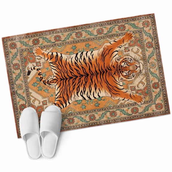 Tiger Retro Bathroom Rug Washable 2x3 Entryway Rug Non Slip Orange Boho Animal Ethnic Tribal Floral Front Door Mat Low Pile Indoor Doormat Throw Floor Carpet for Kitchen Bedroom Entrance
