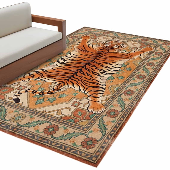 Tiger Retro Kitchen Runner Rug 2.7x5 Washable Runners for Hallway Non Slip Orange Boho Animal Ethnic Tribal Floral Large Area Rug Indoor Floor Carpet for Bathroom Laundry Entryway Bedroom Living Room