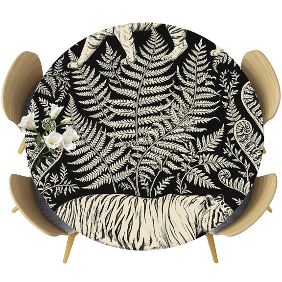Tiger Retro Round Tablecloth 36-44 Inch Round Fitted Table Cloth with Elastic Edge, Tropical Plants Leaves Jungle Wildlife Waterproof Table Cover Protector for Outdoor Picnic Party Dining