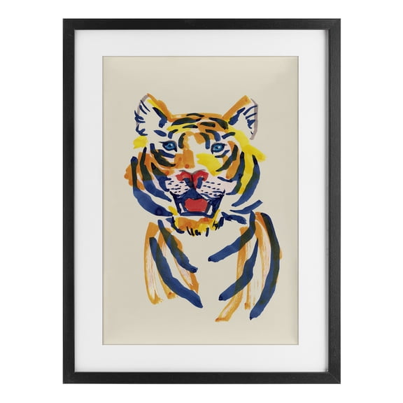 Tiger Roar Watercolor Black Framed Print Under Glass, design by Karolina Sato