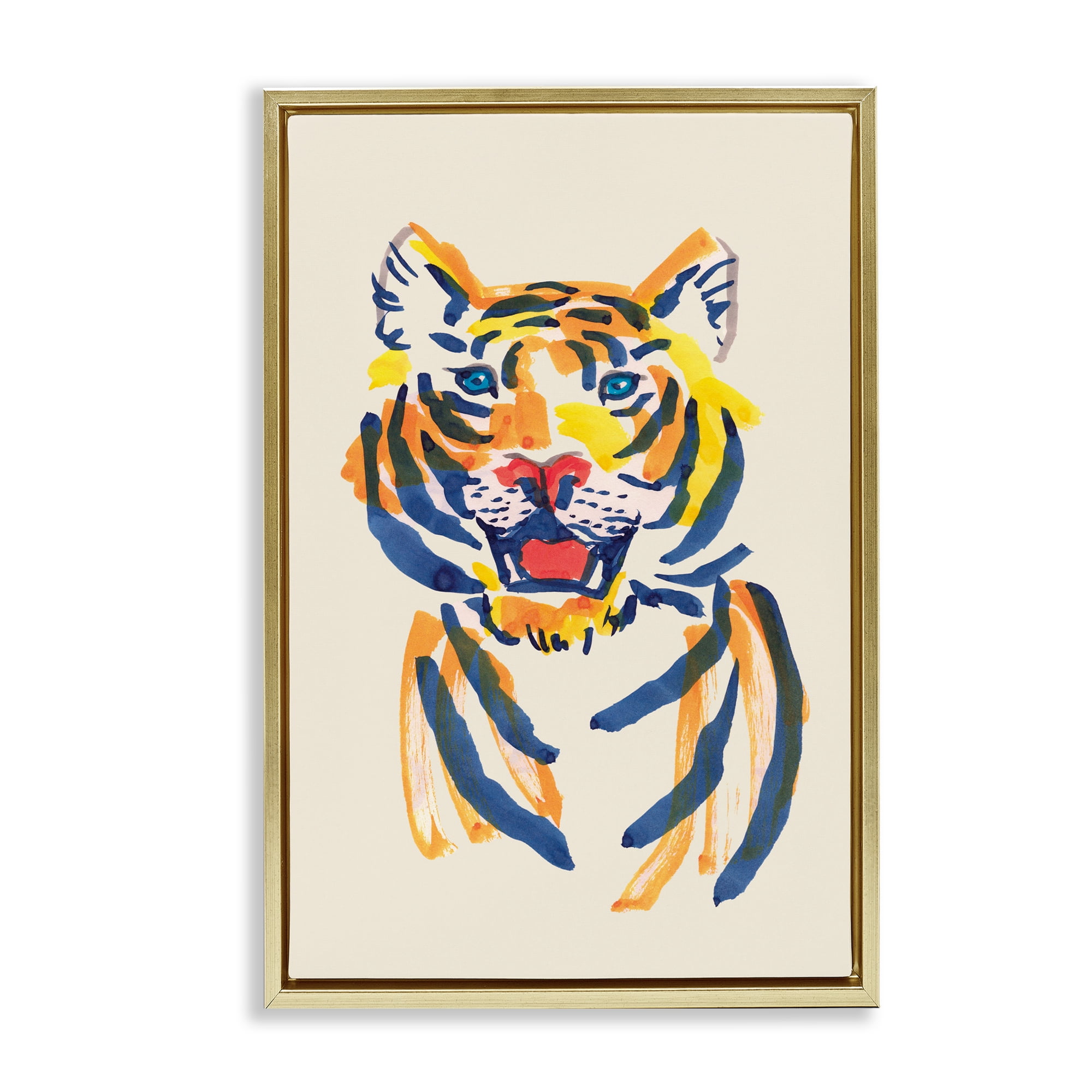 Tiger Roar Watercolor Gold Framed Floater Canvas Wall Art, design by Karolina Sato
