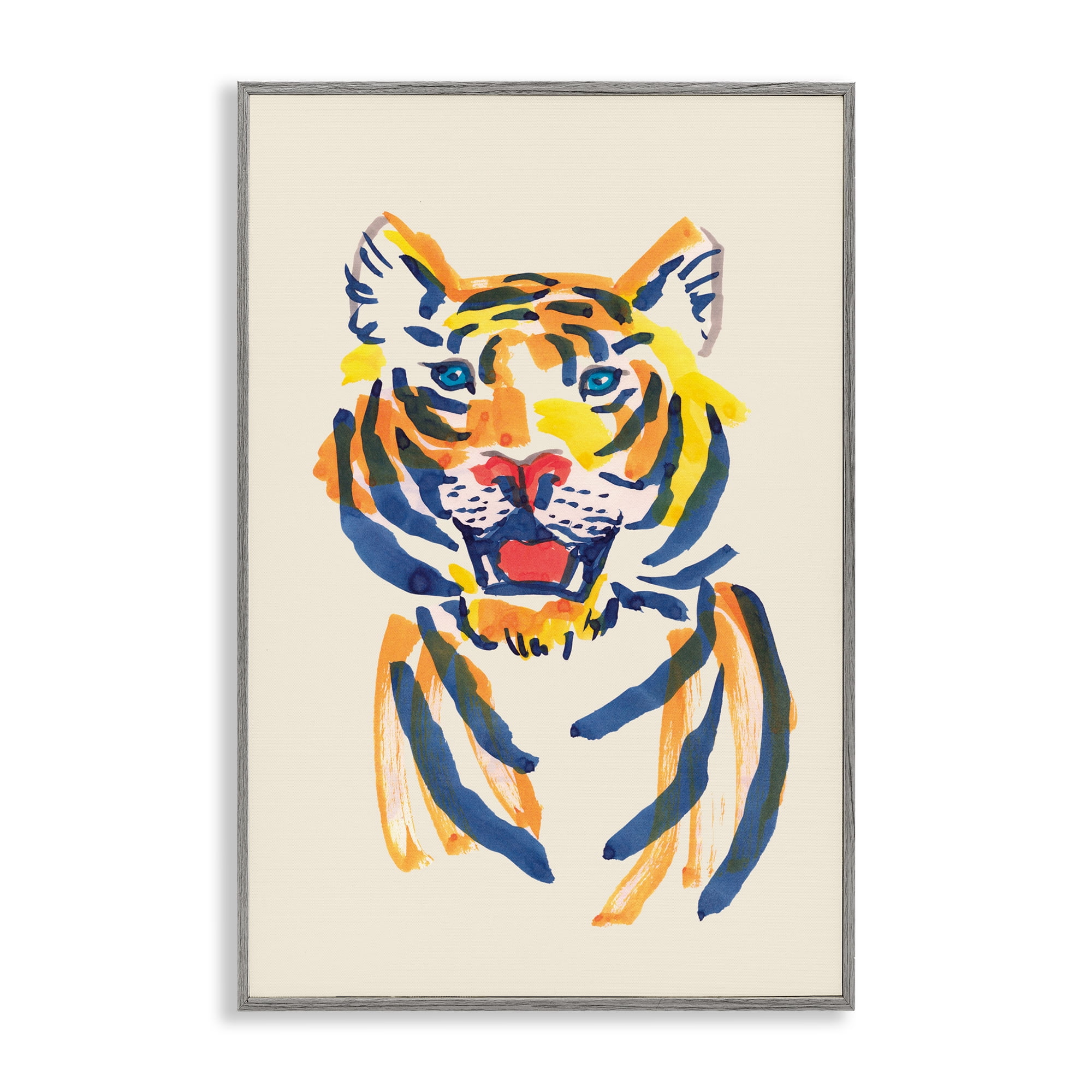 Tiger Roar Watercolor Gray Framed Giclee Art, design by Karolina Sato