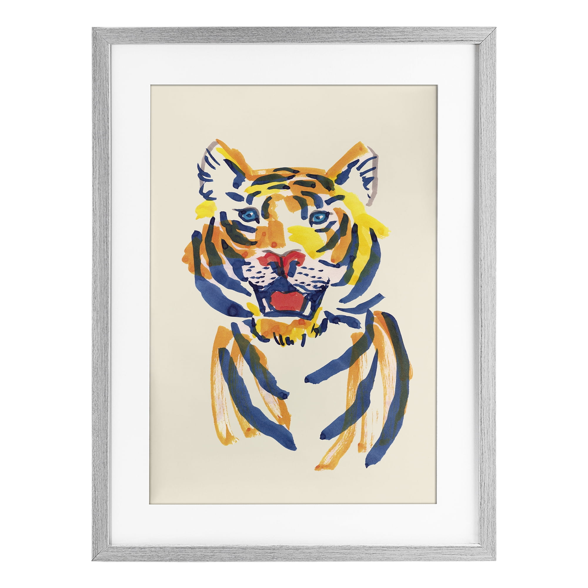 Tiger Roar Watercolor Gray Framed Print Under Glass, design by Karolina Sato