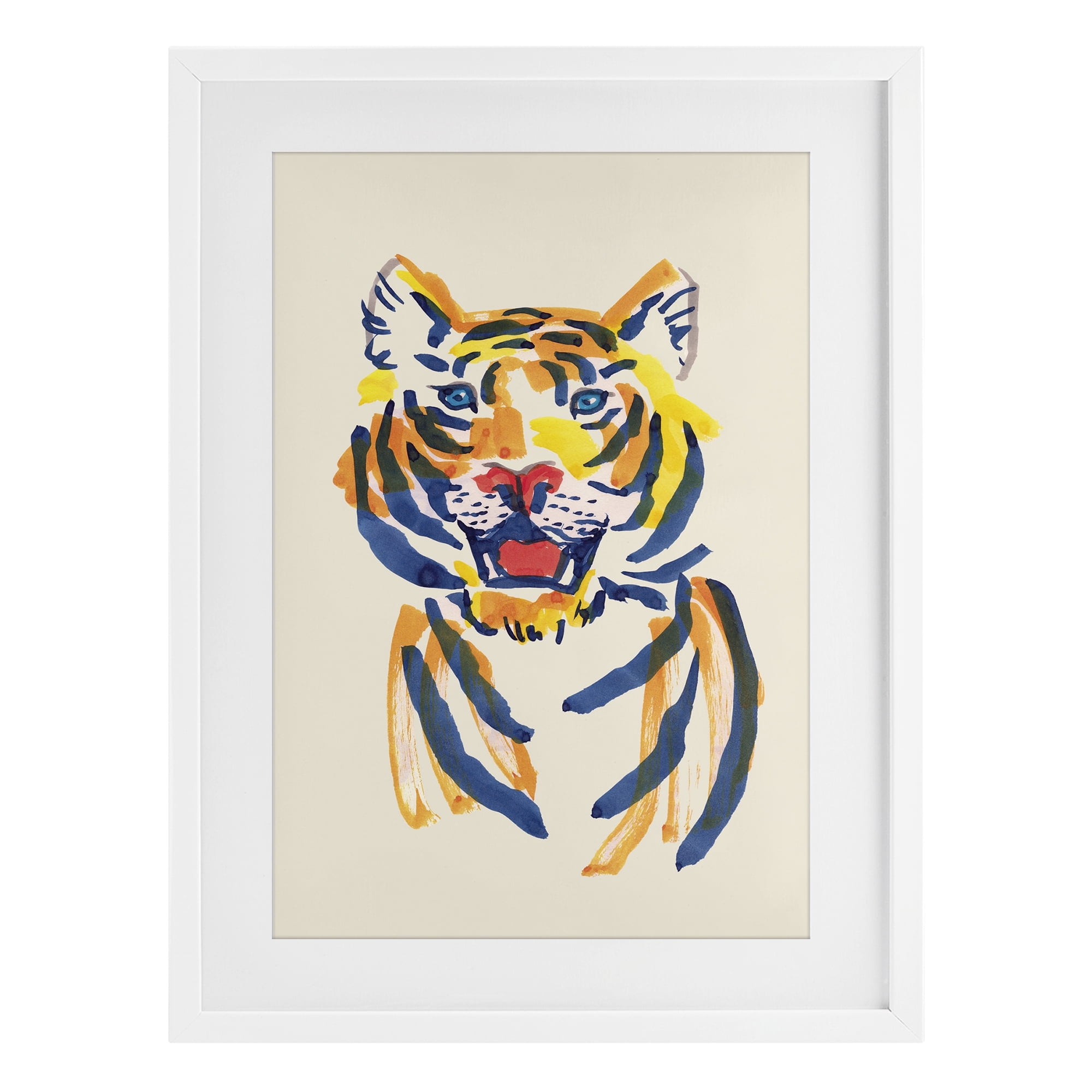 Tiger Roar Watercolor White Framed Print Under Glass, design by Karolina Sato